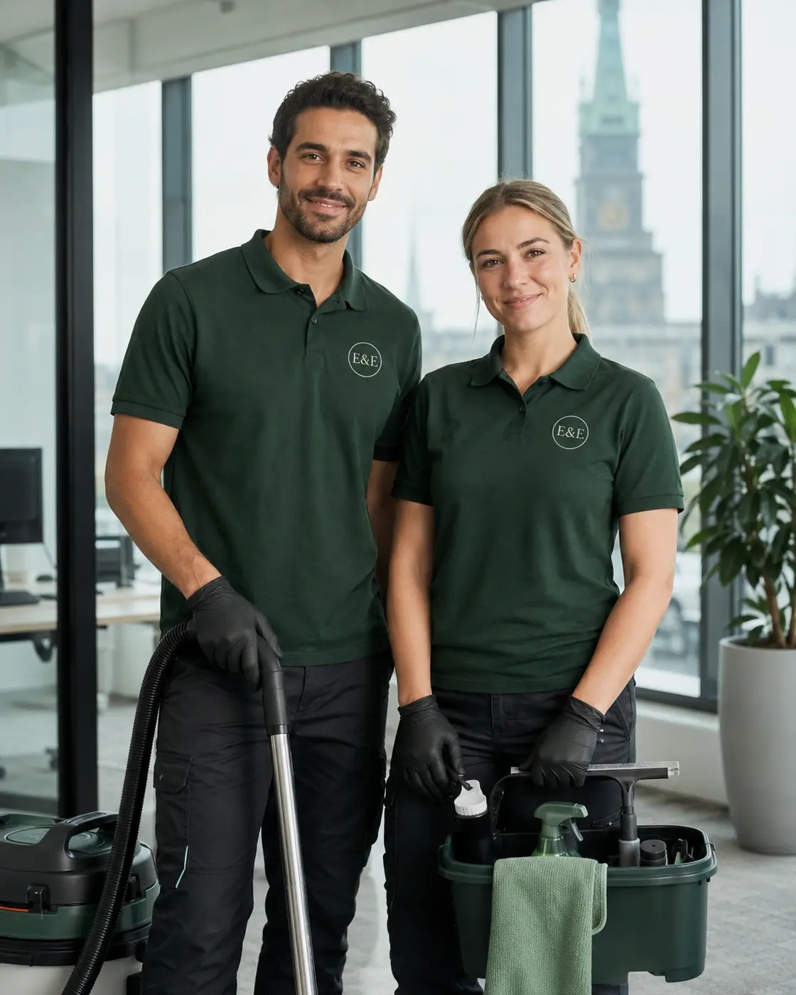 Professionelles Reinigungsteam in E&E Arbeitskleidung