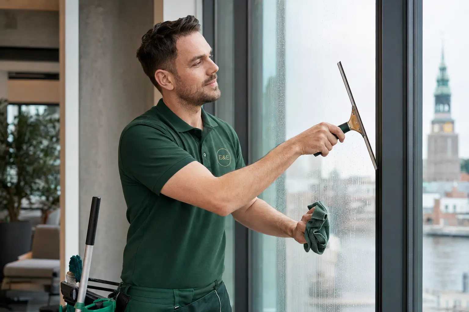 E&E Mitarbeiter bei der professionellen Glasreinigung in Hamburg